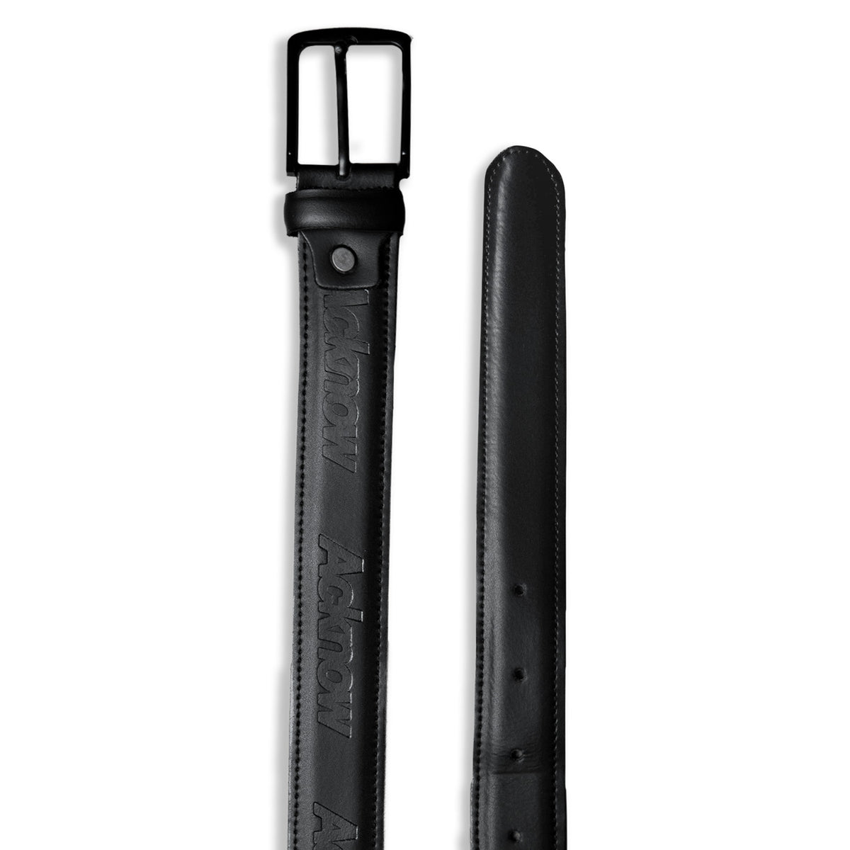 Acknow black leather belt laid flat, showing the buckle and debossed logo