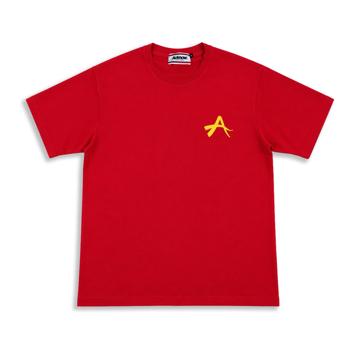 Acknow Alfa T-shirt in red with small yellow A logo on the chest, front view