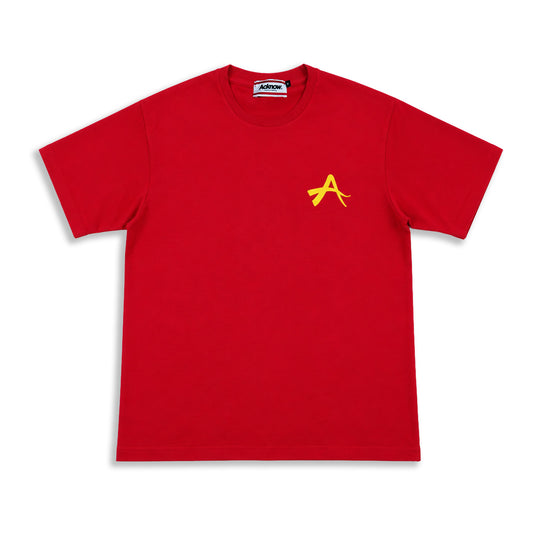 Acknow Alfa T-shirt in red with small yellow A logo on the chest, front view