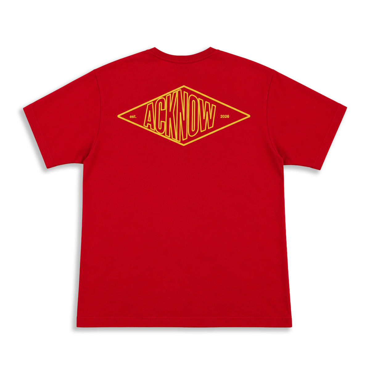 Acknow Alfa T-shirt in red with large yellow diamond Acknow graphic, back view