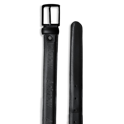 Acknow black leather belt laid flat, showing the buckle and debossed logo