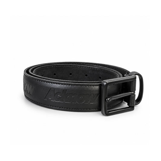 Acknow black leather belt with debossed logo pattern and matte black buckle