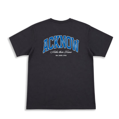 Acknow Make Them Know T-shirt in grey with blue arched graphic, back view