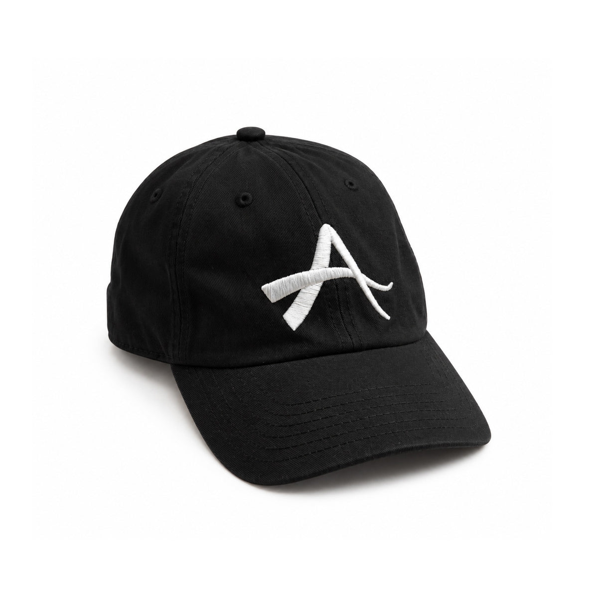 Alfa Cap W, black cap with white embroidered A logo, front view
