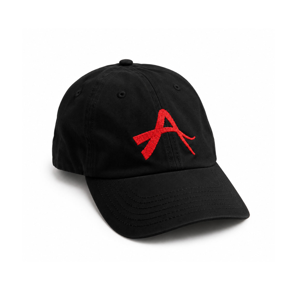 Alfa Cap R, black cap with red embroidered A logo, front view