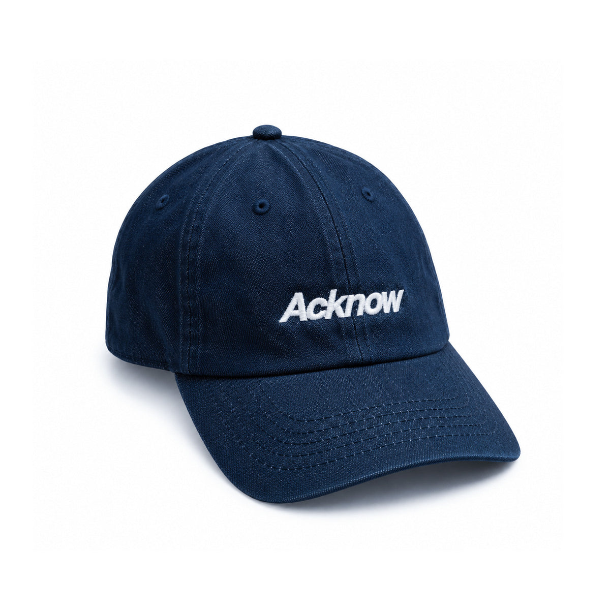 Dark denim Acknow cap with white embroidered logo, front view